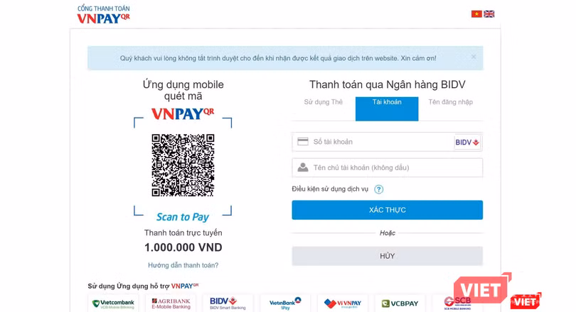 Website hỗ trợ nhiều phương thức ủng hộ khác nhau.