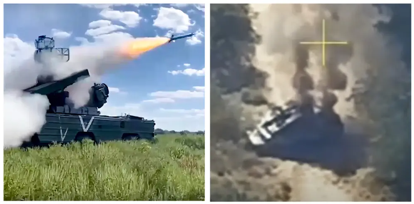 Hình ảnh tổng hợp cho thấy hệ thống Osa của Nga và ảnh chụp từ đoạn phim mà Ukraine công bố cho thấy Osa bị UAV phá hủy (Ảnh: Business Insider)
