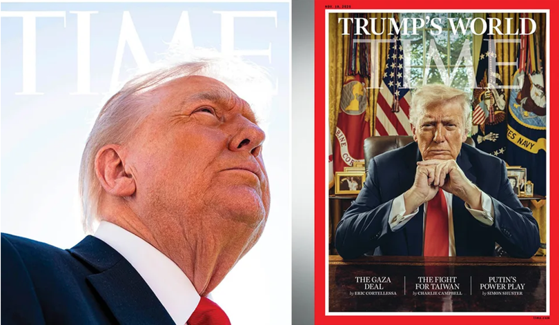 Bìa cũ (trái) bị ông Trump chê bai và bìa mới được tạp chí Time cho ra mắt. Ảnh: Deadline.