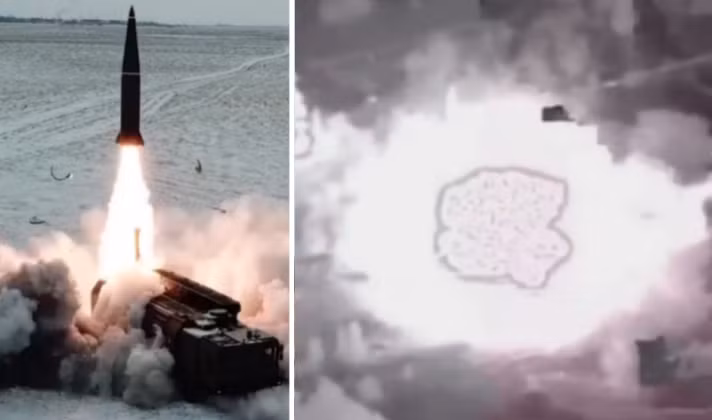 Cảnh phóng tên lửa Iskander và vụ nổ tại bãi phóng máy bay không người lái của Ukraine. Ảnh: MW.