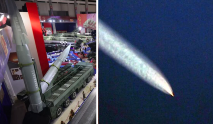 Mô hình tên lửa Hwasong-11Ma và phương tiện lượn của Triều Tiên trong quá trình bay. Ảnh: MW.