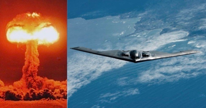 Hình ảnh một vụ nổ hạt nhân và máy bay ném bom B-2 của Mỹ. Ảnh: MW.