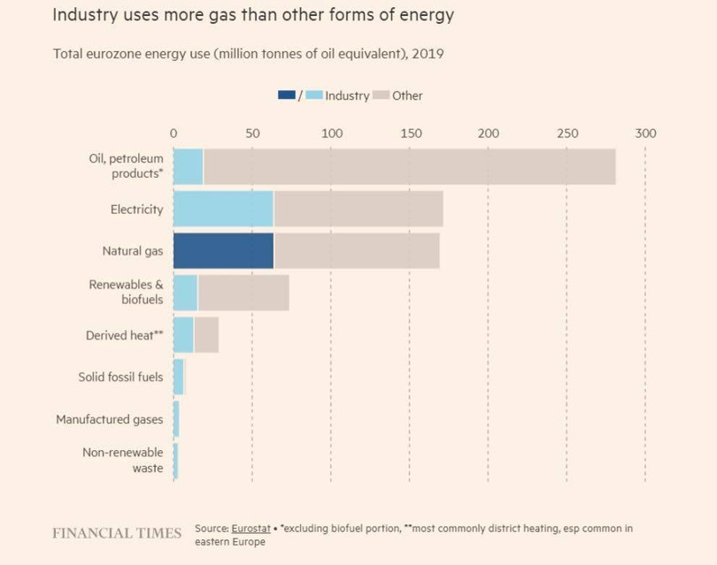 Tổng lượng năng lượng tiêu thụ trong ngành công nghiệp của EU, tính theo triệu tấn, trong năm 2019 (Ảnh: FT)