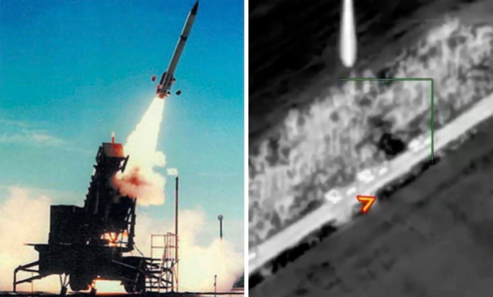 Cảnh phóng của hệ thống Patriot (trái) và Hệ thống Patriot của Ukraine ngay trước khi bị tên lửa Iskander tấn công. Ảnh: MW.