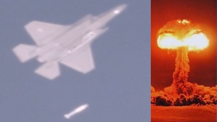 Máy bay F-35 thả bom B61 và một vụ nổ hạt nhân. Ảnh: MW.