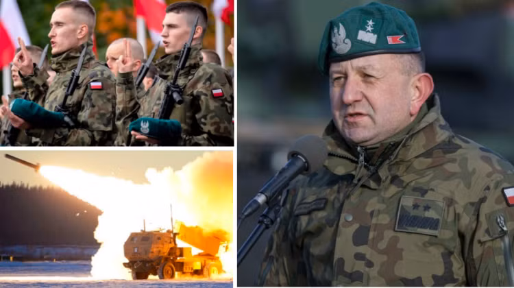 Tướng Jaroslaw Gromadzinski, hình ảnh các binh sĩ Ba Lan và hệ thống HIMARS. Ảnh: MW.
