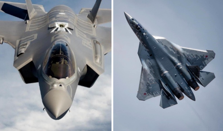 Chiến đấu cơ F-35 của Mỹ (trái) và Su-57 của Nga. Ảnh: MW.