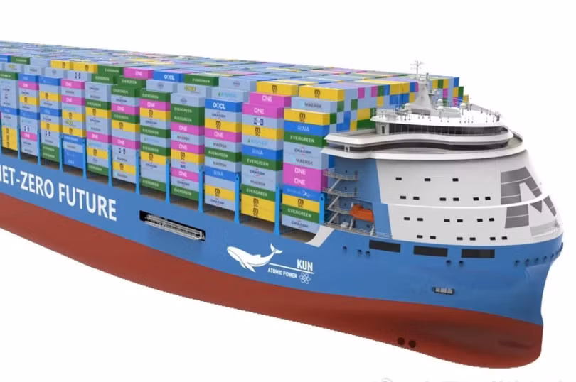Khái niệm tàu ​​container chạy bằng năng lượng hạt nhân lần đầu tiên được Nhà máy đóng tàu Giang Nam tiết lộ vào năm 2023. Hiện tại, các chi tiết kỹ thuật quan trọng đã được tiết lộ. Ảnh: SCMP.