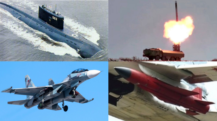 Tàu ngầm lớp Kilo, bệ phóng của hệ thống Bastion, máy bay chiến đấu Su-30M2 và tên lửa Kh-22/32. Ảnh: MW.