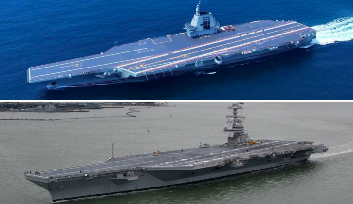 Siêu tàu sân bay Phúc Kiến của Trung Quốc (trên) và tàu sân bay USS Gerald Ford của Mỹ. Ảnh: MW.