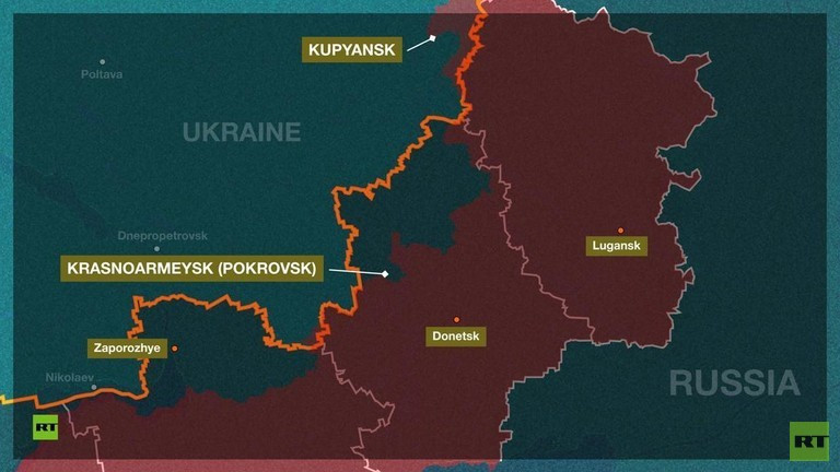 Tháng trước, Nga tuyên bố rằng Kupyansk và Krasnoarmeysk đã bị lực lượng của họ bao vây hoàn toàn. Ảnh: RT.