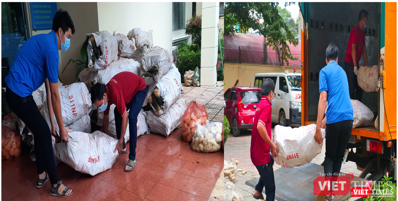 Các bạn trẻ Bình Phước hối hả khiêng những bao tải măng ngon ngọt lên xe để kịp gửi tặng Sài Gòn - “tâm dịch”. Các bạn trẻ Bình Phước hối hả khiêng những bao tải măng ngon ngọt lên xe để kịp gửi tặng Sài Gòn - “tâm dịch”.