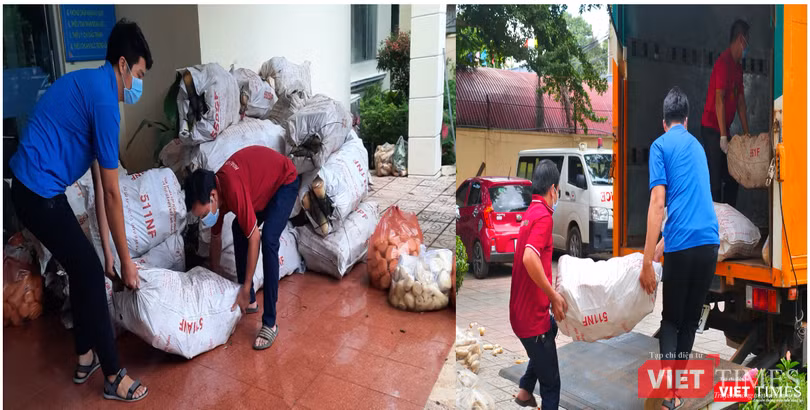 Các bạn trẻ Bình Phước hối hả khiêng những bao tải măng ngon ngọt lên xe để kịp gửi tặng Sài Gòn - “tâm dịch”.