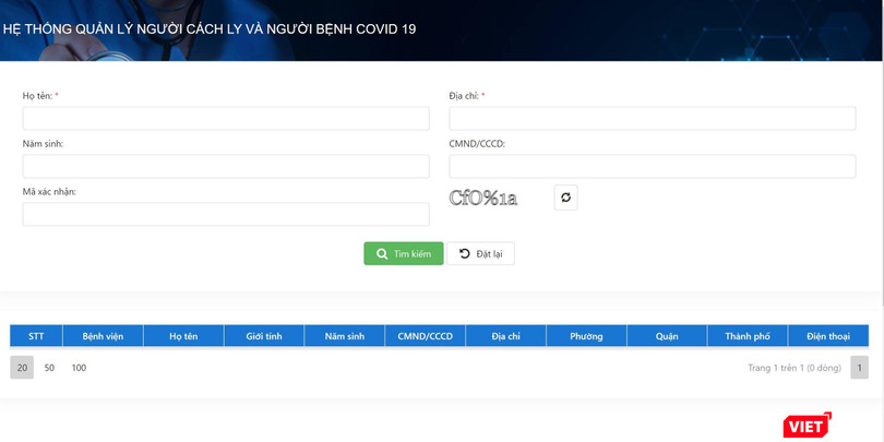 Giao diện trang tra cứu thông tin người đang điều trị COVID-19 tại trang web Sở Y tế TP.HCM.