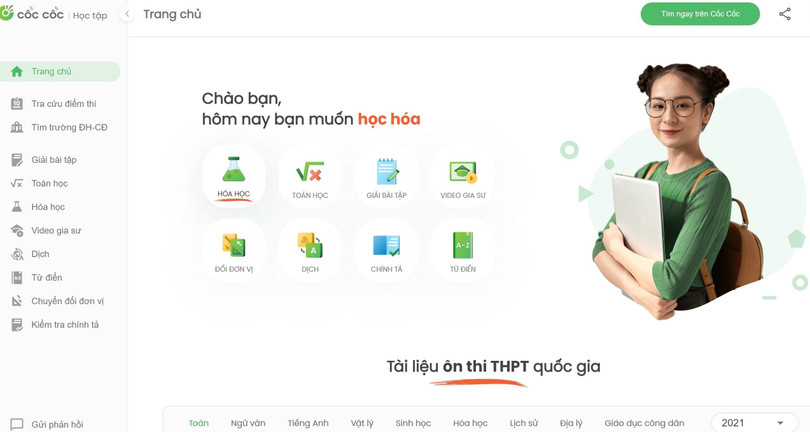 Giao diện Cốc Cốc học tập.