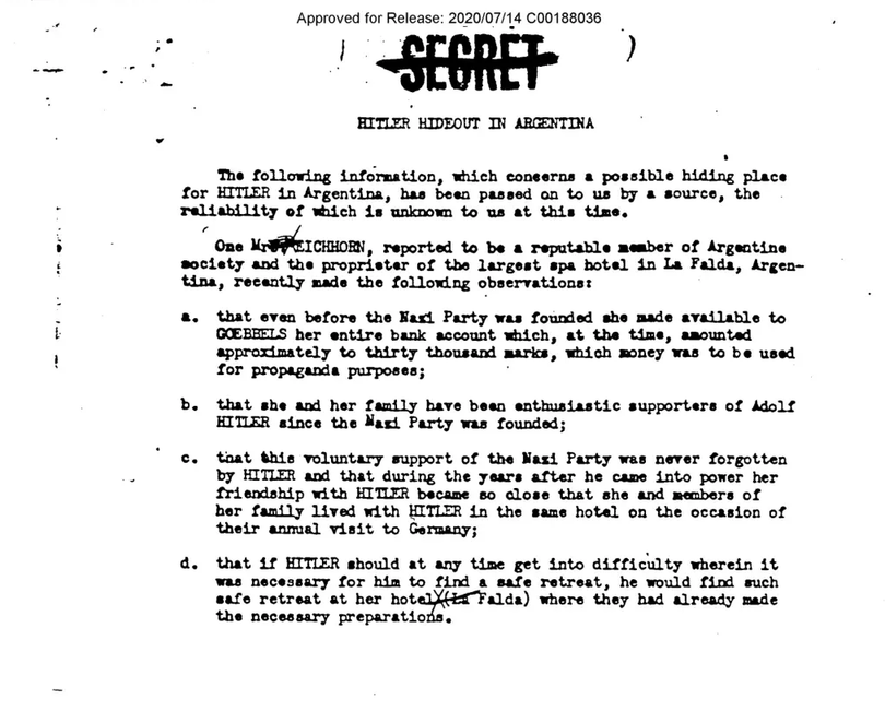 Một hồ sơ giải mật từ tháng 10/1945 cho thấy các điệp viên của Bộ Chiến tranh Mỹ đã nói với FBI về một nơi ẩn náu bí mật nghi của Hitler tại một khách sạn ở La Falda, Argentina. Ảnh: CIA.
