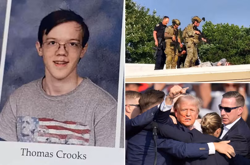 Nghi phạm nổ súng vào ông Donald Trump, Thomas Matthew Crooks, trong một bức anh chụp hồi trung học và tại hiện trường (Ảnh: NYPost)
