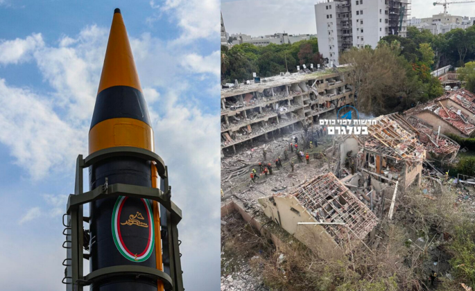 Tên lửa Kheibar và hình ảnh hủy diệt từ cuộc tấn công nhằm vào Tel Aviv, Israel. Ảnh: MW.