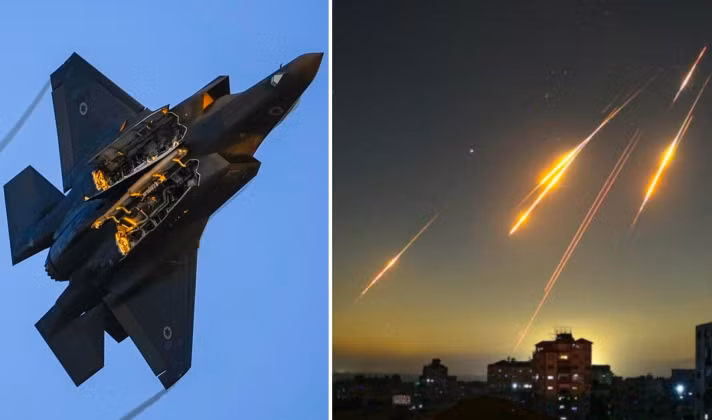 Máy bay F-35 của Israel và tên lửa đạn đạo của Iran tấn công Israel. Ảnh: MW.