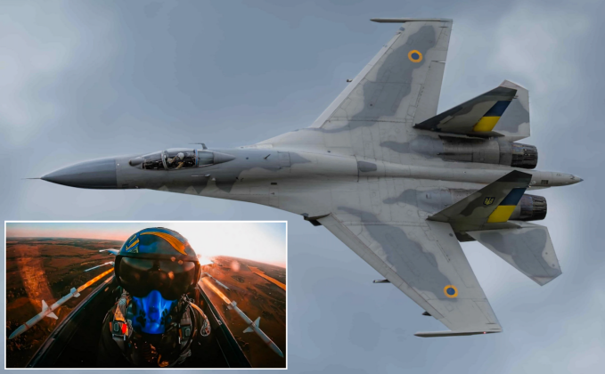 Hình ảnh chiến đấu cơ Su-27 của Không quân Ukraine, Phi công Su-27 thử nghiệm bắn tên lửa AGM-88. Ảnh: MW.