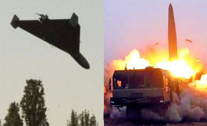 Mẫu UAV Shahed 136 và một vụ phóng tên lửa Iskander-M. Ảnh: MW.