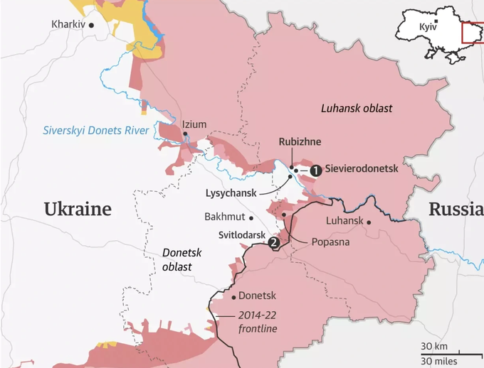 Severodonetsk và Lysychansk là hai thành phố chiến lược ở Lugansk, miền Đông Ukraine (Bản đồ: BBC).