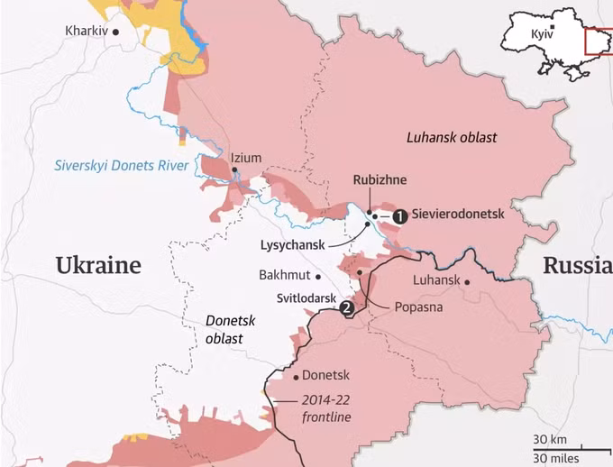 Severodonetsk và Lysychansk là hai thành phố chiến lược ở Lugansk, miền Đông Ukraine (Bản đồ: BBC).
