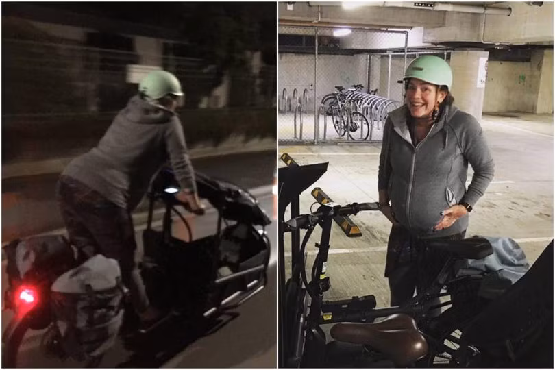 Nữ nghị sĩ Julie Anne Genter đạp xe tới bệnh viện để sinh con (Ảnh: Facebook).