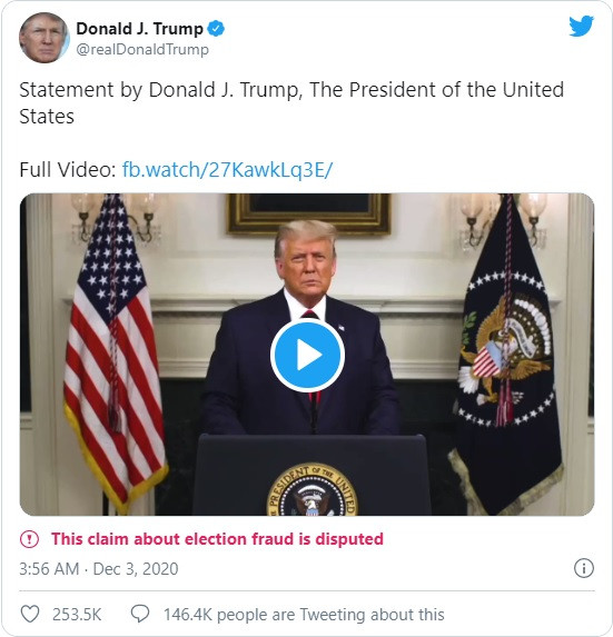 Bài phát biểu được ông Trump đăng tải trên Twitter bị dán nhãn cảnh báo nội dung (Annhr: Twitter)