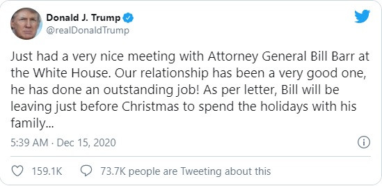 Ông Trump thông báo về việc ông Barr từ chức trên Twitter (Ảnh: Twitter)