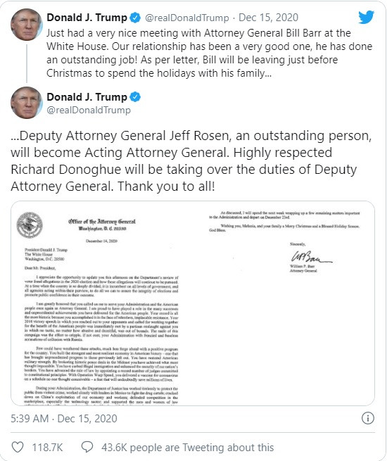 Ông Trump thông báo về người tạm thời thay thế ông Barr (Ảnh: Twitter)