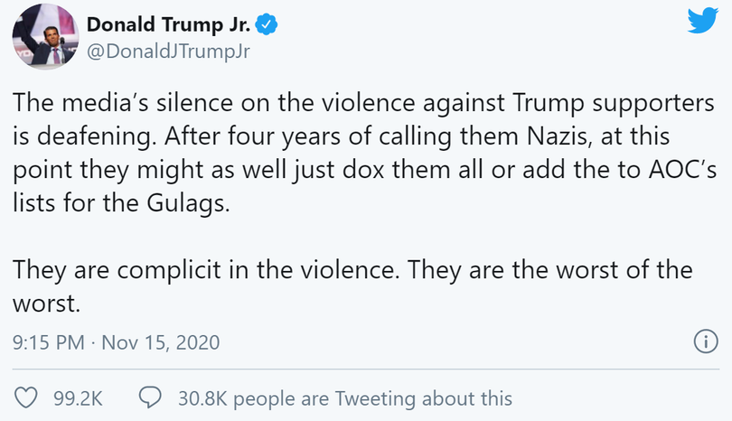 Donald Trump Jr. cũng lên án hành động của giới truyền thông. Ảnh: Fox News