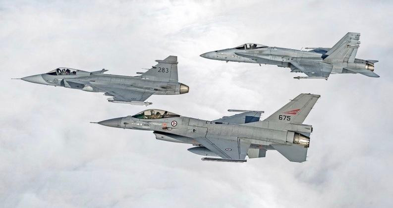 Gripen dẫn đầu một đội hình gồm F-16 và F-18 (Ảnh: MW)