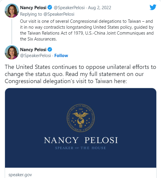 Bà Pelosi viết về chuyến thăm Đài Loan trên tài khoản Twitter cá nhân (Ảnh: Twitter)