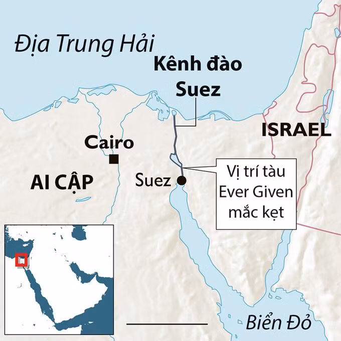 Vị trí kênh đào Suez nối Biển Đỏ và Địa Trung Hải. Đồ họa: AFP. Vị trí kênh đào Suez nối Biển Đỏ và Địa Trung Hải. Đồ họa: AFP.