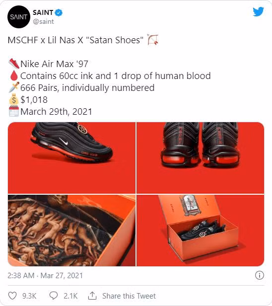 Hình ảnh mẫu giày mang tên quỷ dữ được đăng tải trên Twitter (Ảnh: Twitter)