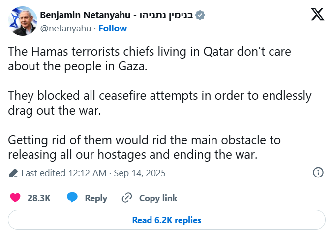 Ông Netanyahu nói tiêu diệt các thủ lĩnh Hamas ở Qatar sẽ loại bỏ rào cản chính cho hòa bình 2.png