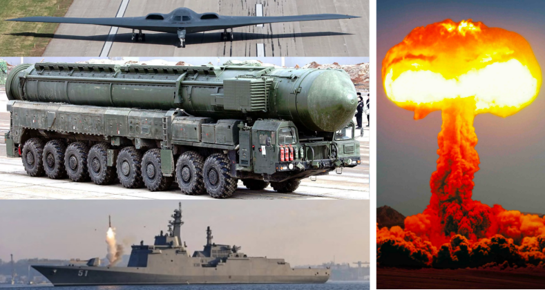 Máy bay ném bom B-2, tên lửa Yars, tàu khu trục Choi Hyon và hình ảnh một vụ nổ hạt nhân. Ảnh: MW.
