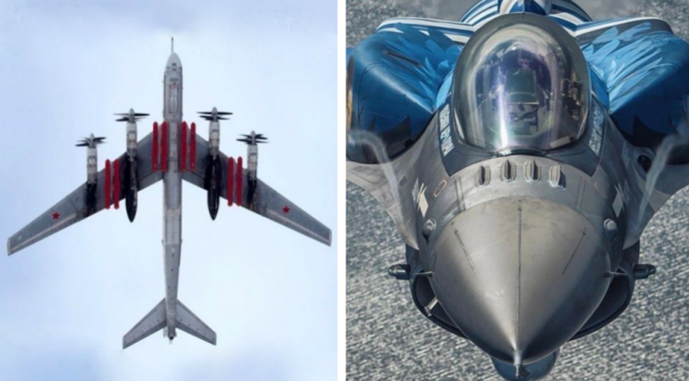 Máy bay ném bom Tu-95MS và máy bay chiến đấu F-16. Ảnh: MW.