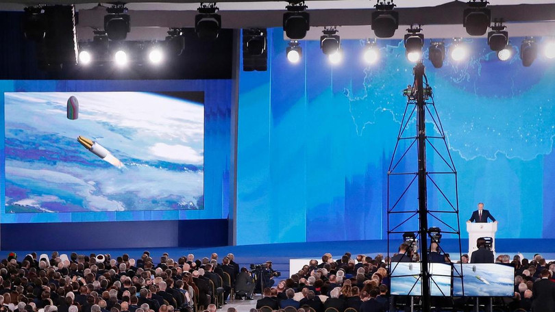 Tổng thống Putin công bố các vũ khí mới của Nga trong lúc đưa ra thông điệp liên bang năm 2018 (Ảnh: The National)