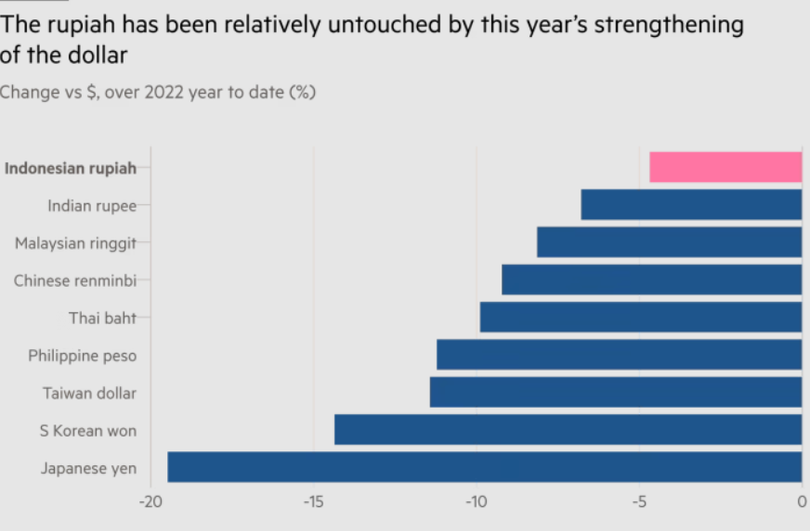 Đồng rupiah của Indonesia gần như không chịu tác động bởi đồng USD mạnh trong năm nay (Ảnh: FT)
