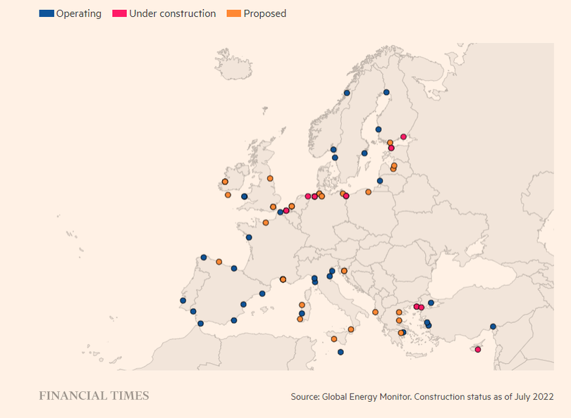 Nhiều cơ sở nhập khẩu LNG sắp được vận hành trên khắp châu Âu (Ảnh: Financial Times)