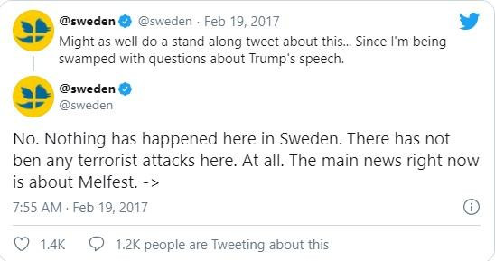 Đoạn tweet khẳng định không có vụ tấn công nào xảy ra ở Thụy Điển (Ảnh: Twitter)