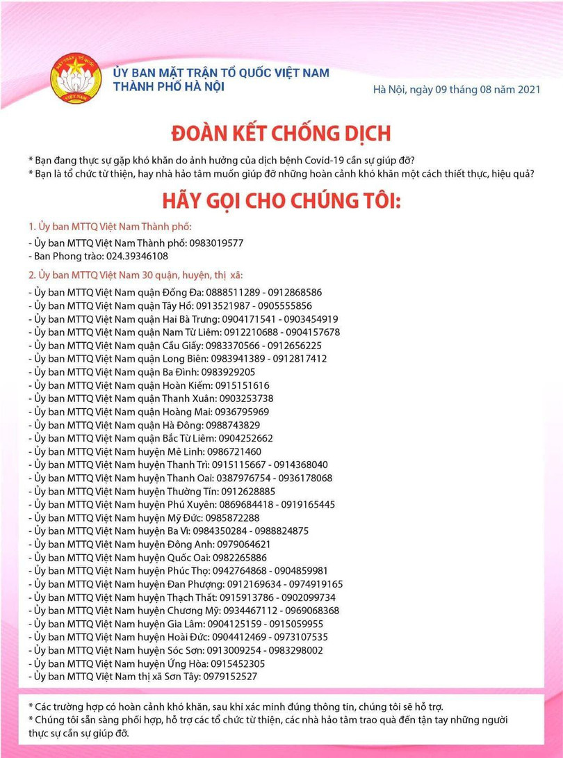 Danh sách đường dây nóng của MTTQ các quận, huyện, thị xã tại Hà Nội. Ảnh: Fanpage “Đoàn kết chống dịch”.