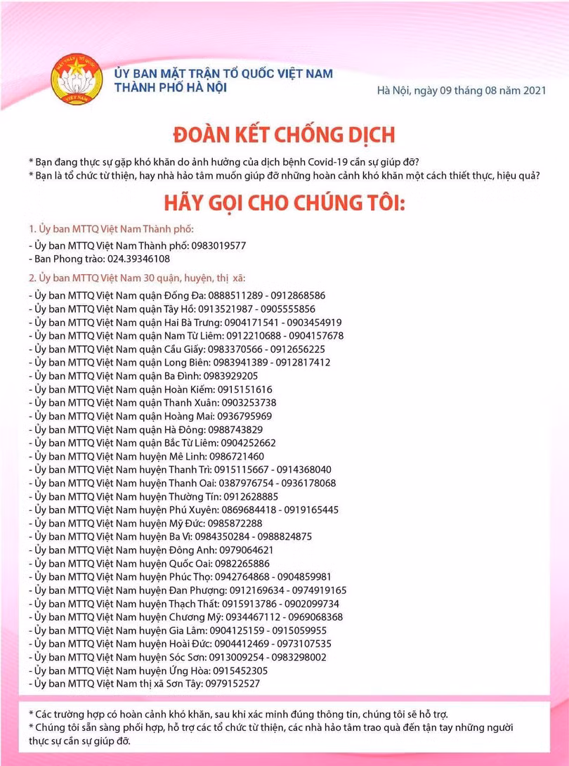 Danh sách đường dây nóng của MTTQ các quận, huyện, thị xã tại Hà Nội. Ảnh: Fanpage “Đoàn kết chống dịch”.
