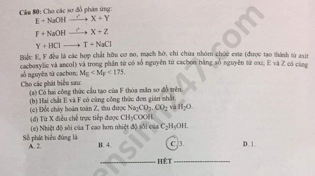 Đề thi tốt nghiệp THPT 2020 môn Hóa học. Nguồn: TTHN