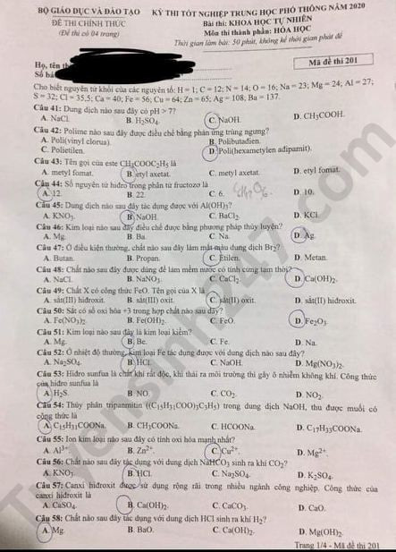 Đề thi tốt nghiệp THPT 2020 môn Hóa học. Nguồn: TTHN