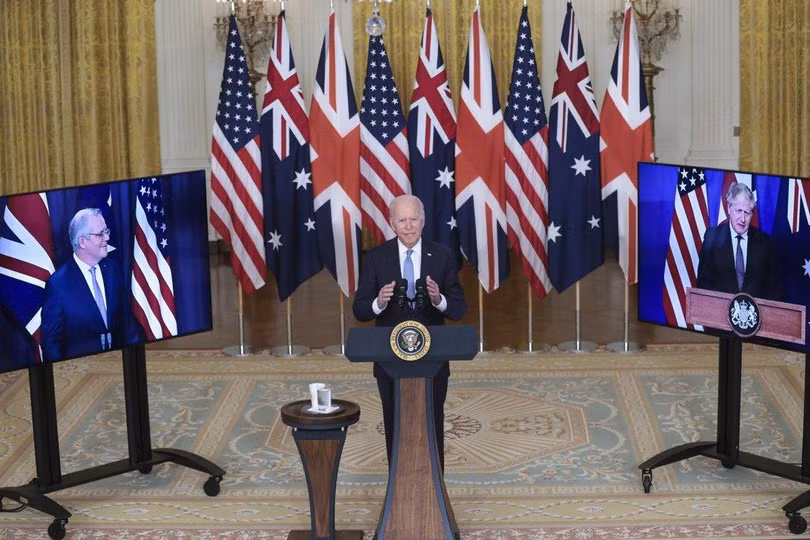 Lãnh đạo Mỹ, Anh, Australia tổ chức họp báo chung tuyên bố về liên minh mới "Aukus" hôm 15/9 (Ảnh: EPA)
