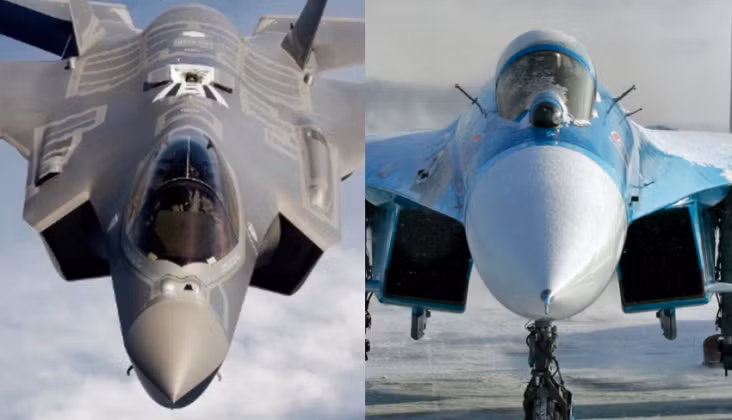 Chiến đấu cơ F-35 của Mỹ và Su-27 của Nga. Ảnh: MW.