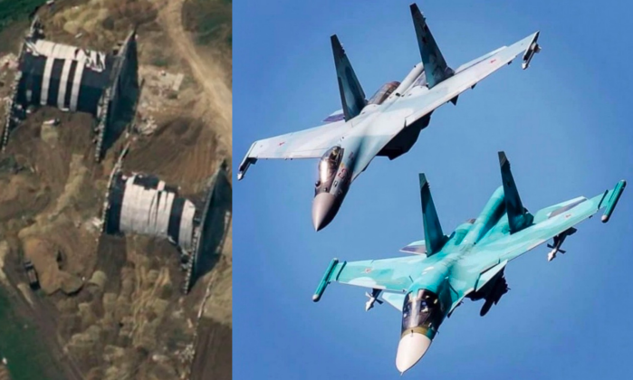 Nhà chứa máy bay của Nga và các chiến đấu cơ Su-34 và Su-35. Ảnh: MW.